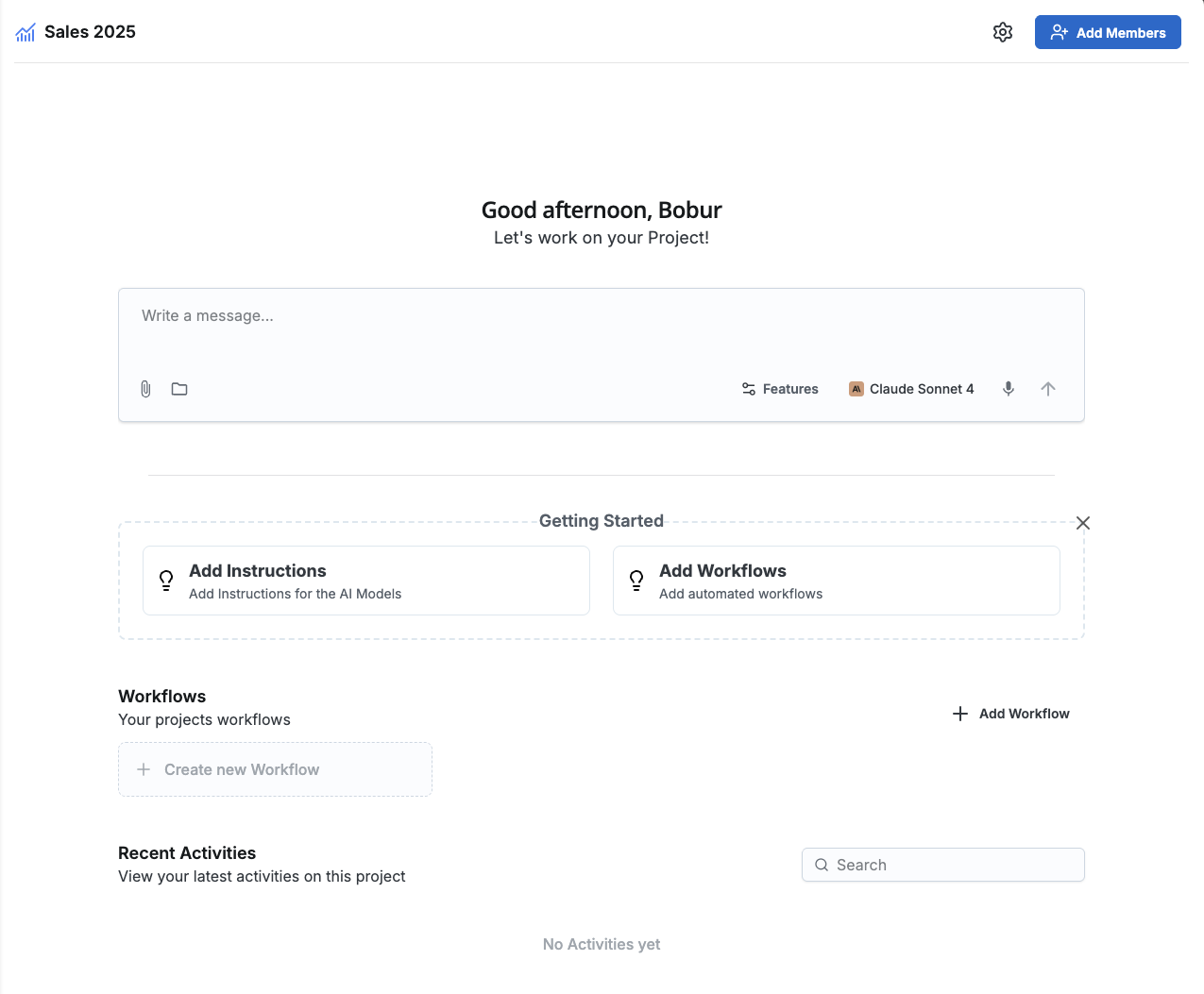 Benutzeroberfläche der Projekt-Startseite